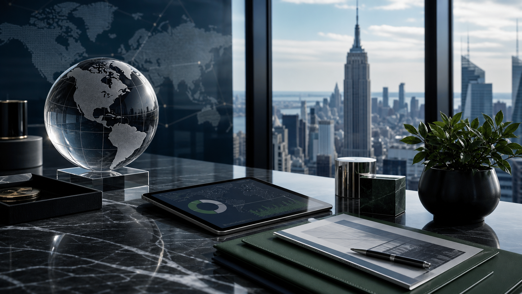 Oficina corporativa con vista a Nueva York y estrategia global