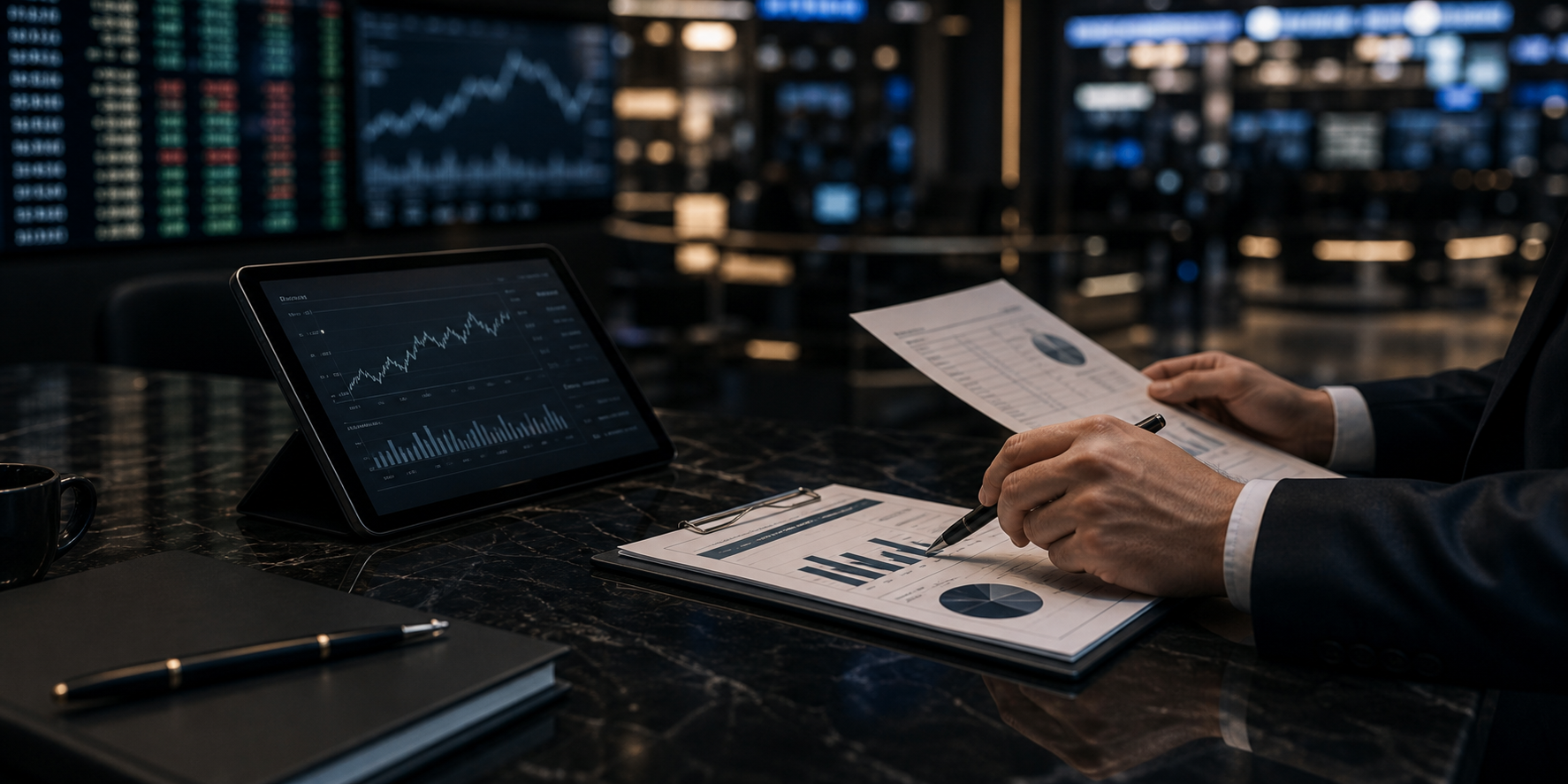 Análisis financiero en una mesa de inversión con pantallas de mercado