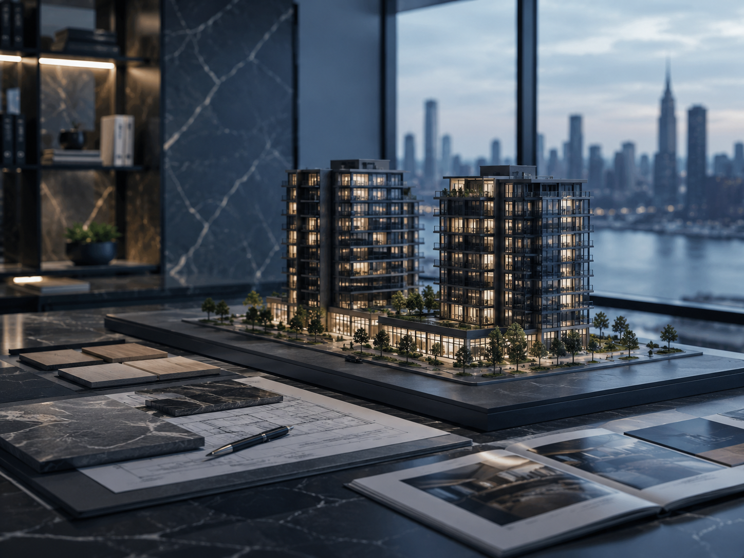 Modelo inmobiliario corporativo sobre una mesa de arquitectura