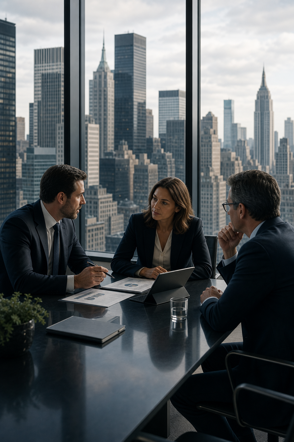 Reunión corporativa de asesoría patrimonial con vista a Nueva York
